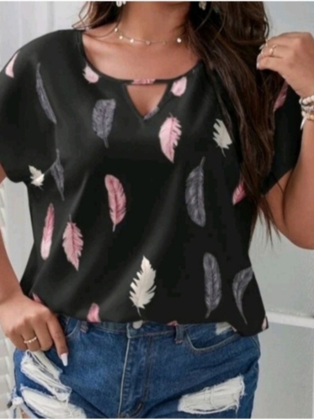 Women’s Black Feather Print V-Neck Top